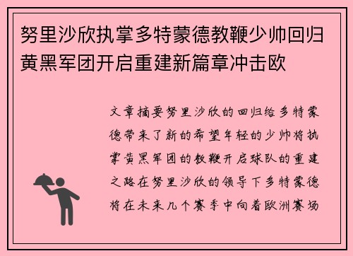 努里沙欣执掌多特蒙德教鞭少帅回归黄黑军团开启重建新篇章冲击欧